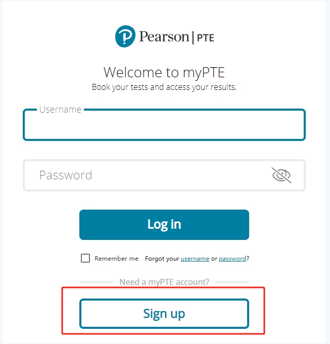 点击“Sign up”注册MyPTE账号示意图