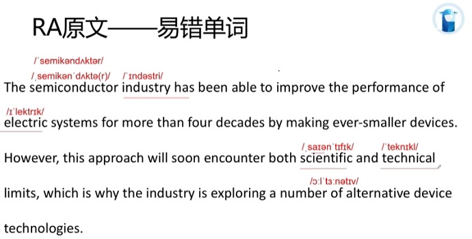 PTE口语RA题型The semiconductor industry文本中易错单词及音标展示