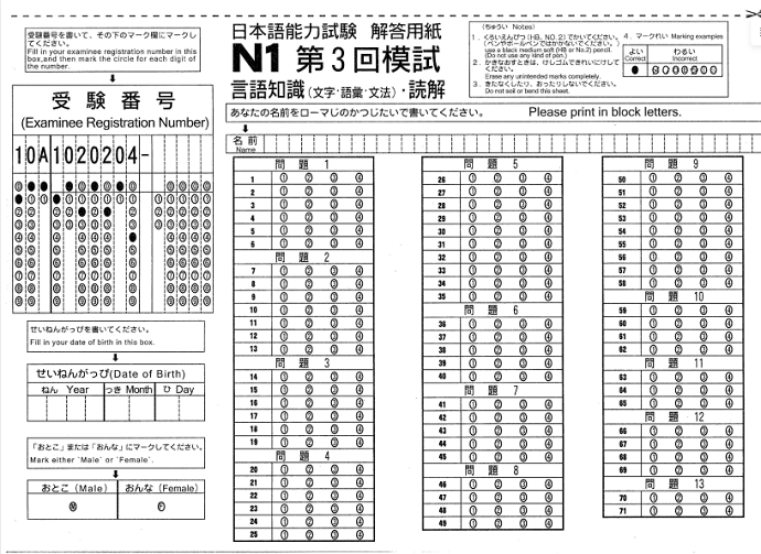 N1答题卡样式