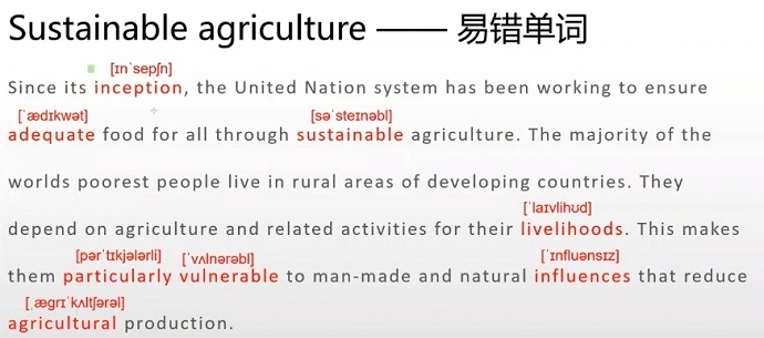 PTE口语RA题型Sustainable agriculture易错单词及音标展示