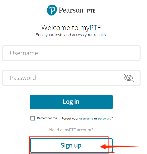 点击sign up 开始注册PTE账号