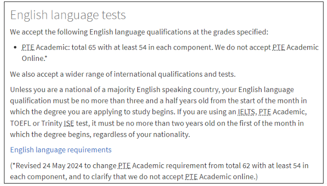 英国部分大学语言班申请截止日期及PTE要求