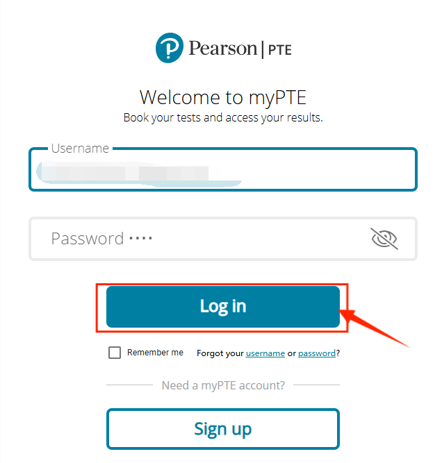 PTE成绩查询流程——输入账号密码登录myPTE账号