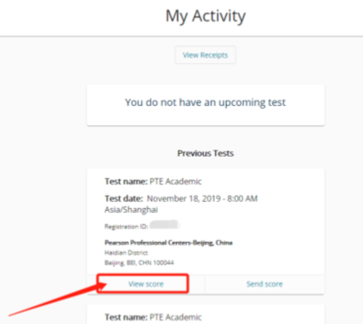 PTE成绩查询流程——点击view score进行PTE考试成绩查询