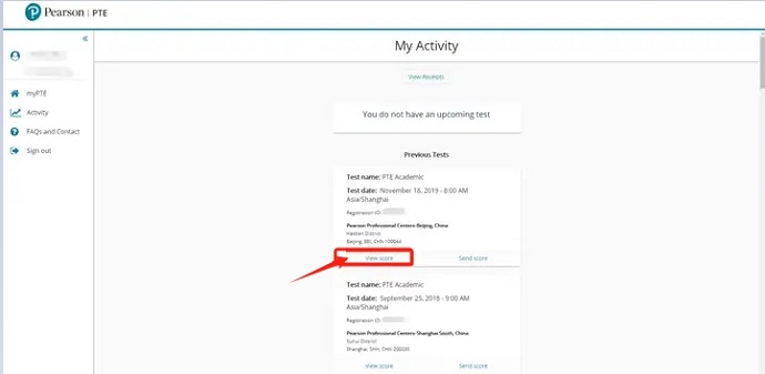 PTE考试成绩查询步骤-查找“my activity”