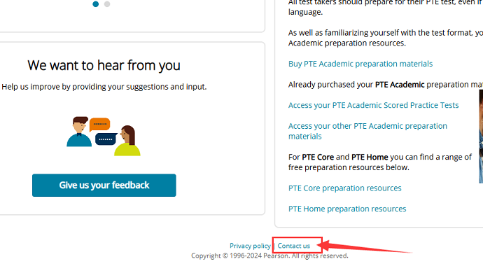 登录myPTE账号，下拉最下方点击“contact us”