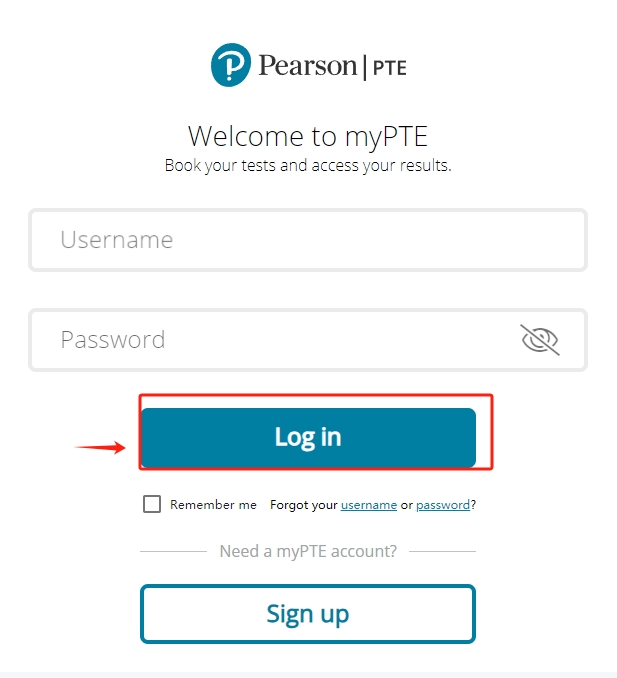 PTE考试预约点击“Log in”示意图