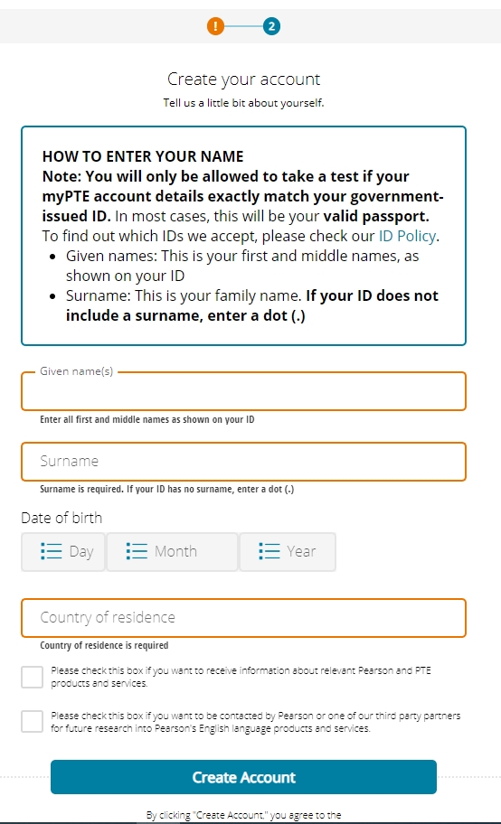 MyPTE账号创建姓名、生日和居住国家填写