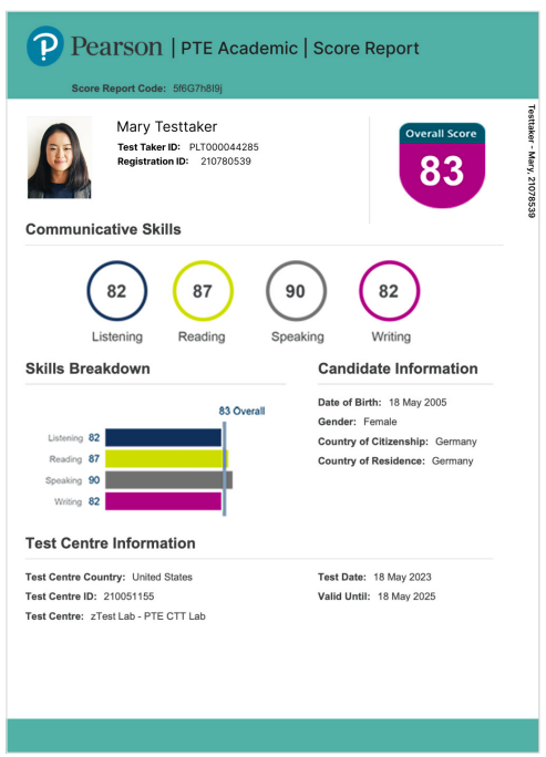 PTE Academic成绩单示例