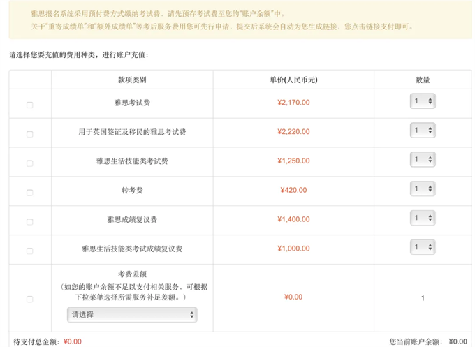 雅思考试类别报名费