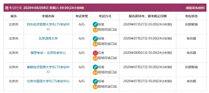 雅思考位选择页面