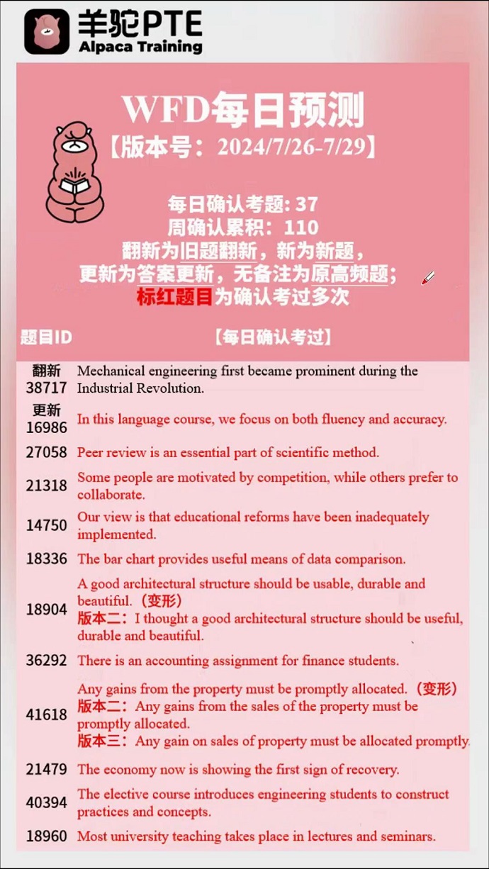 羊驼PTE每日预测wfd题型