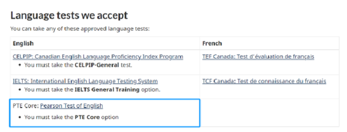 加拿大移民局认可语言成绩列表PTE Core