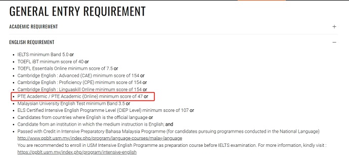 马来西亚理科大学本科PTE要求