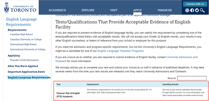 多伦多大学对PTE成绩要求是多少？