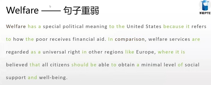 PTE口语RA预测题Welfare句子重弱分析