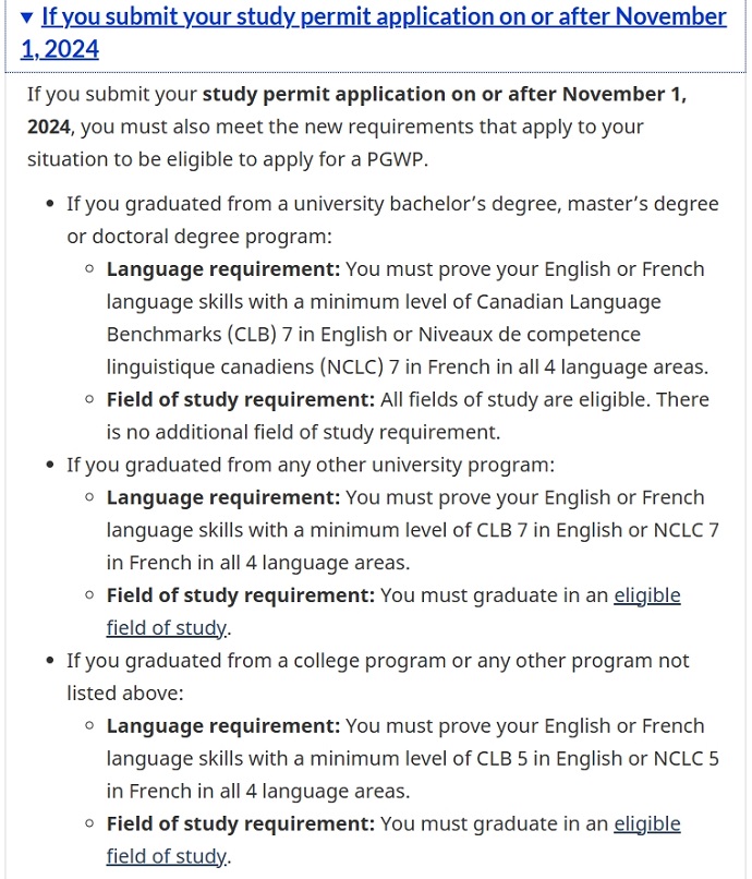 2024年11月1日当天或之后提交学习许可申请，申请毕业工签PGWP需满足的语言要求以及专业限制