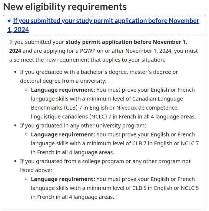2024年11月1日之前，提交了学习许可申请，并在2024年11月1日当天或之后申请毕业工签PGWP，需满足的语言要求