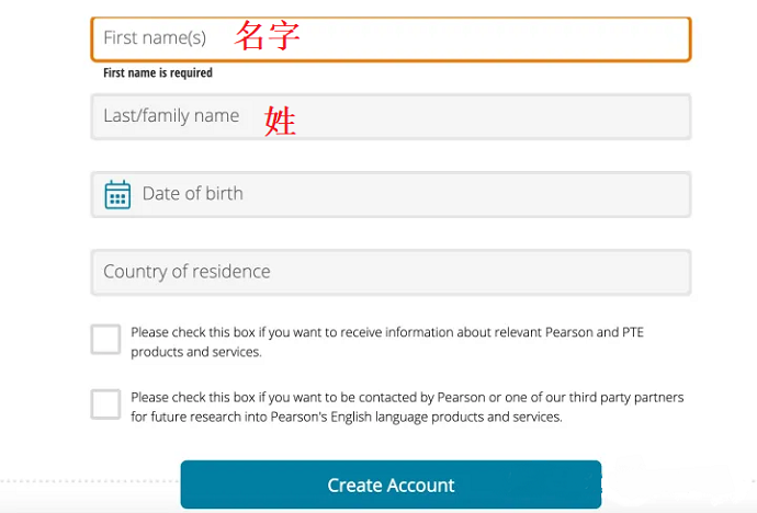 PTE报名名字填写