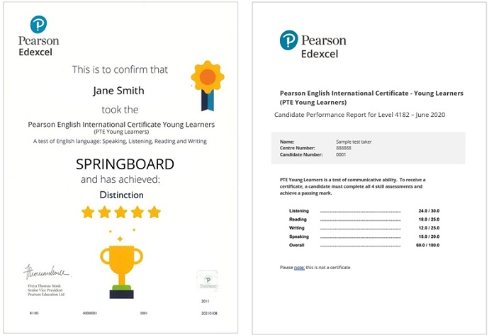 PTE少儿英语考试Springboard等级优秀（Distinction）证书