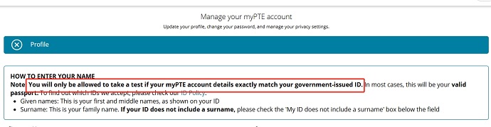 myPTE账户中的个人信息要求